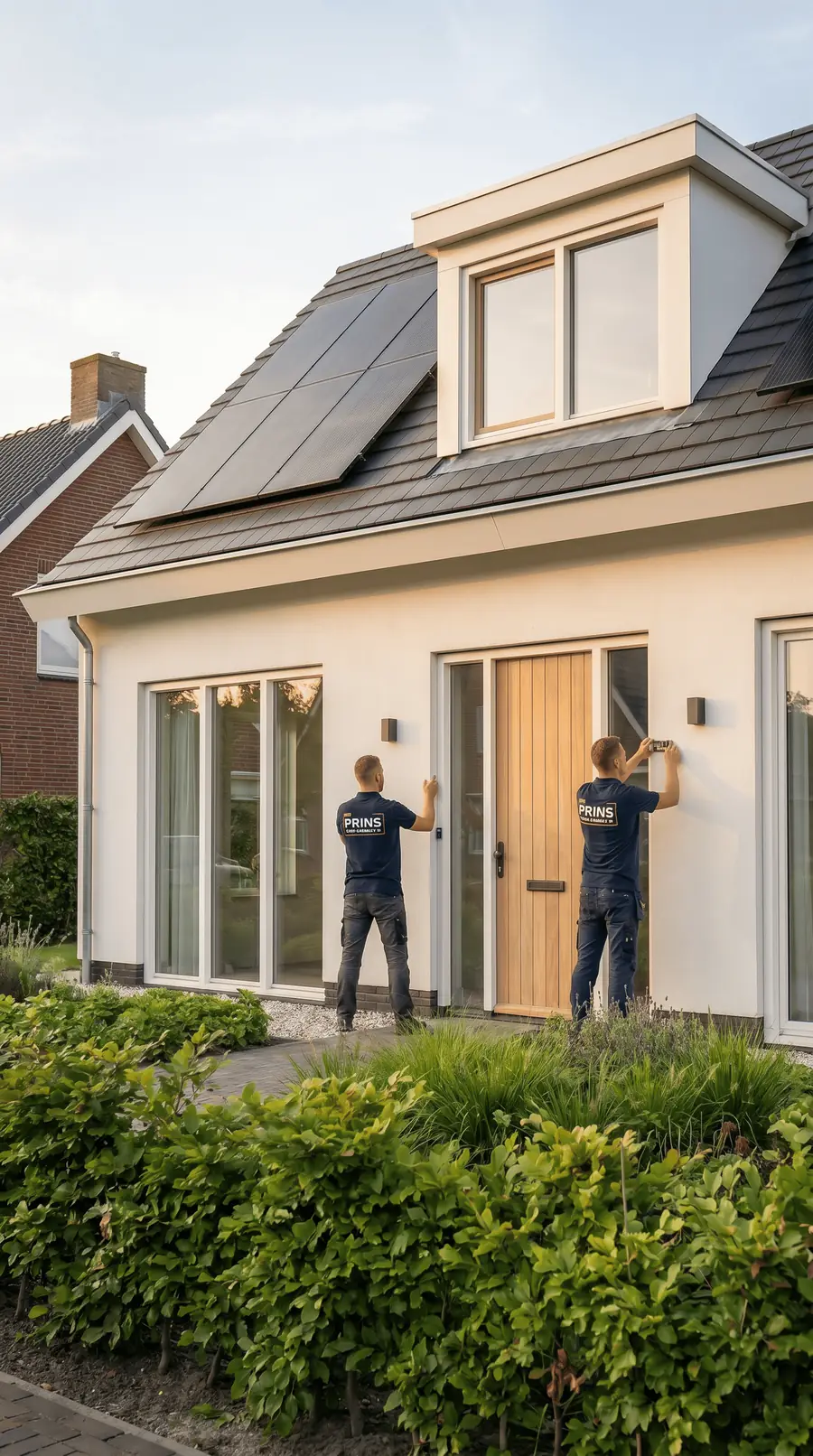 Vakmensen van Prins Totaalbouw aan het werk bij een verbouwde woning met dakkapel en zonnepanelen